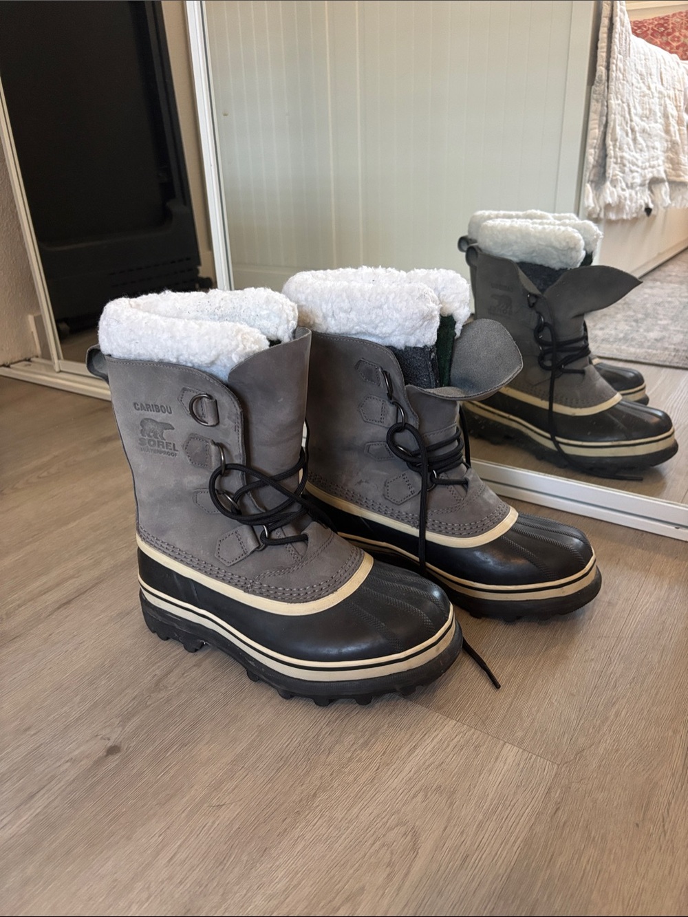 Sorel Caribou Gray, Black and White Insulated Snow Boots